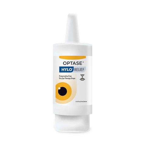 An Optase Hylo Relief Preservative-Free Eye Drops bottle, white with a gray and yellow label featuring text and eye graphics, is designed for dry eye disease symptom relief. Its pointed nozzle ensures precise application of the preservative-free solution.