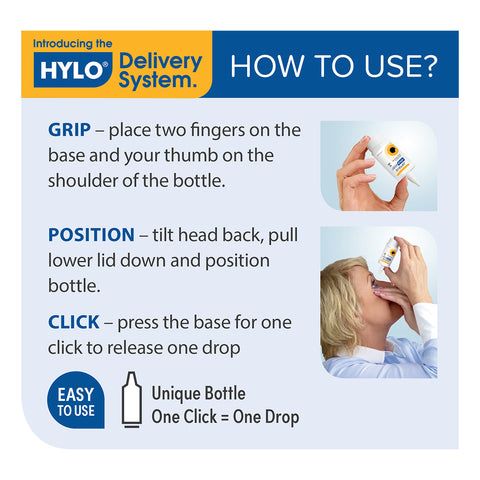 Graphic for Optase Hylo Relief Preservative-Free Eye Drops: Grip bottle, tilt head back, pull lower lid down, click base for one drop. Features Easy to Use, Unique Bottle One Click = One Drop, perfect for efficiently managing dry eye disease.