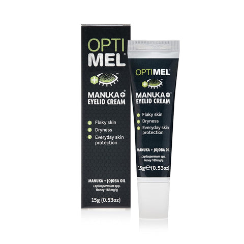 A 15g tube of Melcares Optimel Manuka Eyelid Cream sits before its box, highlighting benefits like relief for flaky skin, dryness, and everyday protection. Made with Manuka honey and jojoba oil, its ideal for sensitive skin.