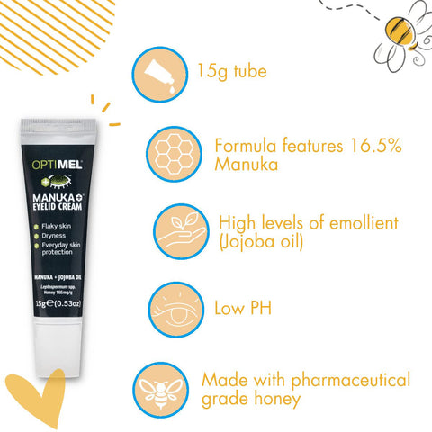 Image of Optimel Manuka Eyelid Cream by Melcare, designed for sensitive skincare in 15g tubes. Contains 16.5% medical-grade Manuka honey, a high emollient level from Jojoba oil, and maintains low pH balance. Illustrated with a honeycomb, dropper, and honey jar for visual appeal.