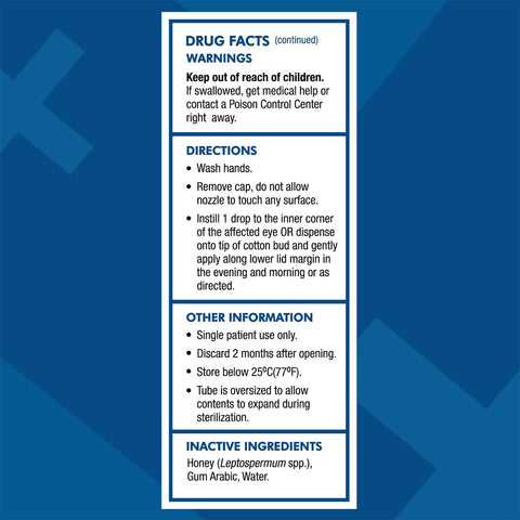The information panel for Optimel Manuka Eye Drops 0.2% by Melcare includes drug facts, warnings, and instructions such as washing hands before use and discarding the bottle two months after opening. Ideal for dry eye relief and meibomian gland dysfunction support, store it below 25°C.