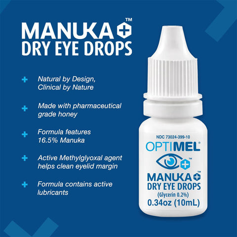 Melcares Optimel Manuka Eye Drops 0.2% (10mL) contain 16.5% pharmaceutical-grade Manuka honey, offering active lubricants and methylglyoxal to clean eyelid margins, soothe dry eyes, and manage meibomian gland dysfunction.