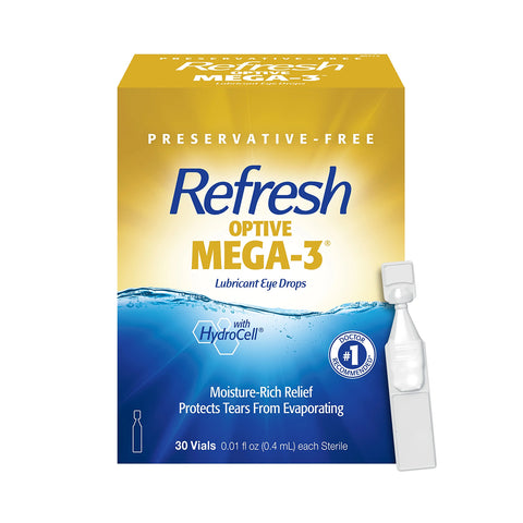 Refresh Optive MEGA-3 Lubricant Eye Drops by Abbvie features vibrant yellow and blue packaging labeled Preservative-Free. This 30-vial set, each with 0.4 mL, provides Lipid-Enhanced Relief with HydroCell technology for moisture-rich comfort and supports Meibomian Gland Dysfunction (MGD).
