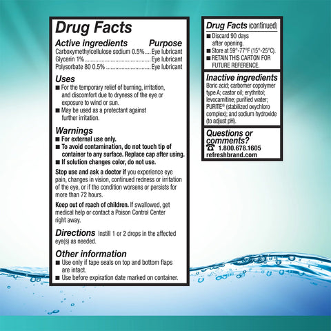 The drug facts label for REFRESH® DIGITAL Lubricant Eye Drops (10mL) by Abbvie features a blue water background, listing active ingredients, uses, warnings, directions, storage instructions for digital eye strain relief, and a contact number for inquiries. Blue water droplets are visible at the bottom.