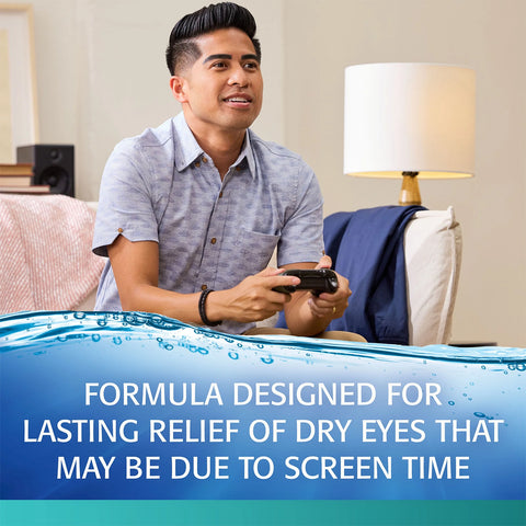 A person plays video games on a couch with a controller. Text reads: REFRESH® DIGITAL, fast-acting relief for dry eyes from digital eye strain, set against a blue water-themed background, showcasing the benefits of Abbvie Lubricant Eye Drops.