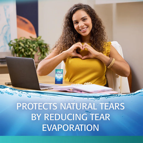 A woman with long curly hair sits at a desk, smiling and forming a heart shape with her hands. A laptop and a box of Abbvies REFRESH® DIGITAL Lubricant Eye Drops (10mL) are on the desk. The text reads: Fast-acting relief for digital eye strain by reducing tear evaporation and providing advanced hydration.