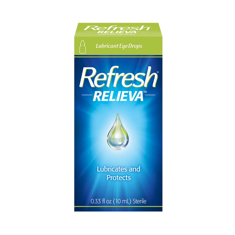 Box of Abbvies Refresh Relieva Eye Drops (10mL) with HydroCell Technology, artwork shows a water droplet on a blue and green background. Text says Lubricates and Protects Dry Irritated Eyes, volume is 0.33 fl oz (10 mL), sterile.