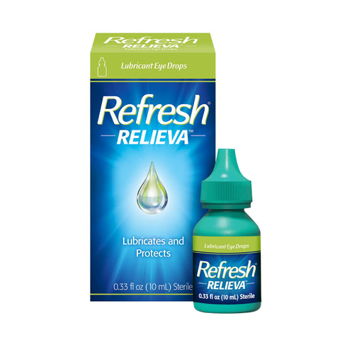 Image of a Refresh Relieva Eye Drops (10mL) box and bottle by Abbvie. The blue and green packaging, with a water drop graphic, highlights Lubricates and Protects. Featuring HydroCell Technology, the green bottle soothes dry, irritated eyes.