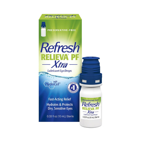 The image displays a 10mL bottle and box of Refresh Relieva PF Xtra by Abbvie, advanced preservative-free lubricant eye drops. The green and blue packaging highlights fast-acting relief, featuring advanced Trehalose hydration in the white bottle with a blue cap.