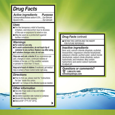 The Refresh Relieva PF Xtra – Advanced Preservative-Free Lubricant Eye Drops (10mL Bottle) by Abbvie features a water splash background on its drug facts label. It lists active ingredients, including Trehalose for advanced hydration, as well as purpose, warnings, directions, side effects, storage info, and contact details.