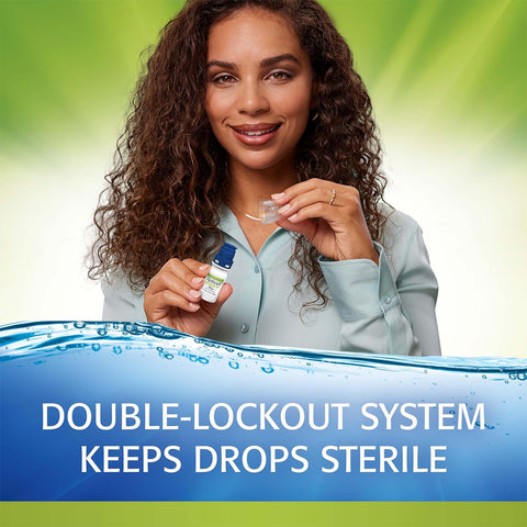 A curly-haired woman in a light blue shirt holds a small bottle and dropper against a green background. Text reads, Refresh Relieva PF Xtra by Abbvie: Sterile, Preservative-Free Lubricant Eye Drops with Trehalose for Advanced Hydration, Double-Lockout System.