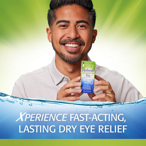 A person smiles while holding a box of Refresh Relieva PF Xtra by Abbvie against a green background. The text reads: XPIRIENCE Fast-Acting, Lasting Dry Eye Relief, with an advanced hydration water graphic at the bottom.