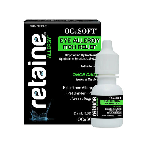 The OCuSOFT Retaine Allergy Once Daily Eye Itch Relief comes in a sleek black box with green and white text. The small white 2.5mL bottle offers effective eye allergy relief with its antihistamine formula to combat allergens.