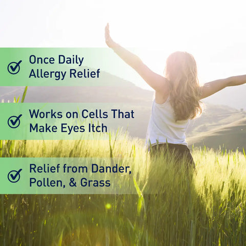 A person with arms outstretched in a sunlit field, surrounded by tall grass. Text on the image reads: OCuSOFT Retaine Allergy Once Daily for Eye Itch Relief, Effective Antihistamine Cells Target, and Relief from Dander, Pollen, & Grass.