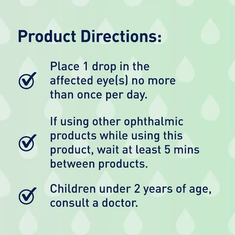 Text image with product directions: Apply 1 drop of Ocusoft Retaine Allergy Once Daily for Eye Itch Relief in affected eye(s) max once daily. Wait 5 mins between other ophthalmic products. Consult a doctor for children under 2. Includes checkmark icons for easy reference.