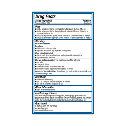 Drug Facts label for Systane® PRO PF Multi-Dose Lubricant Eye Drops 10mL (Twin Pack) by Alcon, with 0.6% propylene glycol, preservative-free, including uses, warnings, directions, inactive ingredients, storage, and contact info.