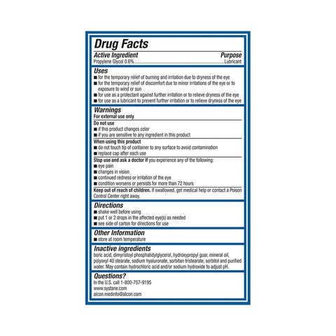 Systane® PRO PF Multi-Dose Lubricant Eye Drops (10mL) by Alcon: Drug Facts box has active ingredient Propylene Glycol 0.6%, dry eye relief uses, warnings, directions, hyaluronate hydration details, and manufacturer info at the bottom in black/blue borders.