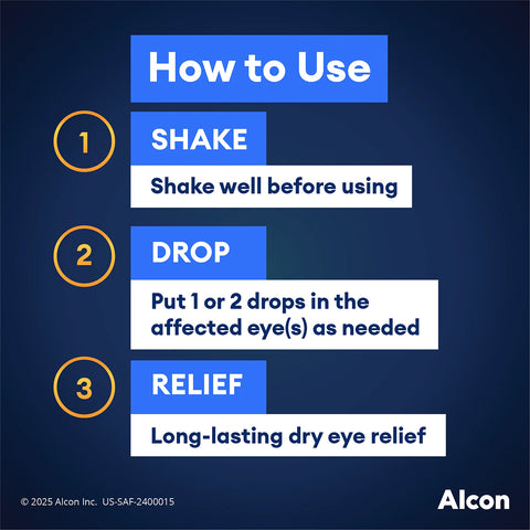 “How to Use” graphic: 1. Shake—shake Systane® PRO PF Multi-Dose Lubricant Eye Drops – 10mL (Twin Pack) well; 2. Drop—apply 1–2 drops in affected eye(s); 3. Relief—enjoy long-lasting dry eye relief. Alcon logo at the bottom.