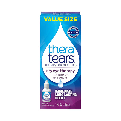 Box of Thera Tears Eye Drops, featuring a large tear shape design in blue gradient colors with Immediate Long Lasting Relief text. Its labeled as Value Size and contains 1.0 fl oz (30 ml).
