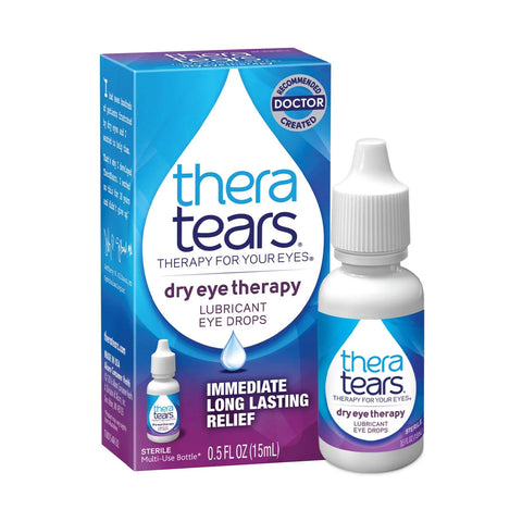 The image shows the blue and white packaging of Thera Tears Lubricant Eye Drops (15mL and 30mL), highlighting Immediate Long Lasting Relief and Doctor Created. The box features an advanced electrolyte formula, with a bottle next to it promising effective dry eye relief.