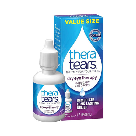 Image of Thera Tears Lubricant Eye Drops box and bottle, highlighting VALUE SIZE and IMMEDIATE LONG LASTING RELIEF. The advanced electrolyte formula offers THERAPY FOR YOUR EYES in a 1 FL OZ (30 mL) bottle.