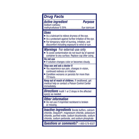 The Thera Tears Lubricant Eye Drops label shows active ingredient, usage for dry eye relief, warnings, instructions, contact info, and cautions about proper use and keeping away from children. Available in 15mL and 30mL sizes.
