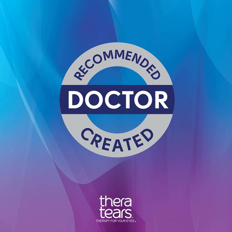 The blue and purple gradient background displays a circular emblem with Doctor Recommended Created in white and dark blue. Below it, the text Thera Tears and Therapy for your eyes in white promote the dry eye relief offered by Thera Tears Lubricant Eye Drops unique electrolyte formula.