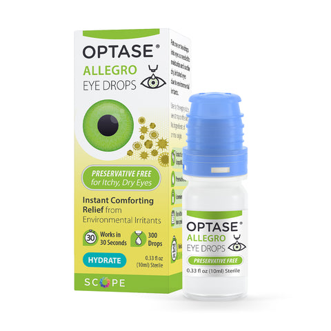 A box and bottle of Optase Allegro Eye Drops for allergy related dry eye symptoms (10mL) are shown, highlighting preservative-free lubricating drops providing instant relief for itchy, dry eyes. The 10ml bottle with a blue cap emphasizes hydration and quick relief from environmental irritants.