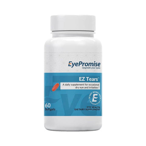 A white bottle labeled EyePromise featuring blue and orange design contains 60 EyePromise® EZ Tears softgels with Omega-3s, Turmeric, and Green Tea Extract for occasional dry eye relief, emphasizing natural ingredients and essential eye health.
