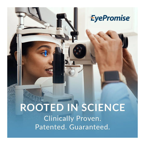 During an eye exam with a slit lamp, a healthcare professional uses EyePromise® EZ Tears, clinically proven for dry eye relief. This patented product features natural ingredients like Omega-3s and is guaranteed for results.