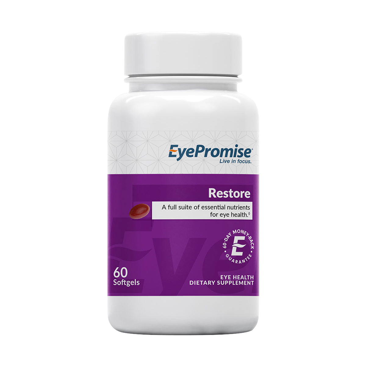 The EyePromise® Restore bottle, featuring a purple band, is an eye health dietary supplement with 60 softgels. It offers essential nutrients for aging eyes, night vision, and contrast sensitivity support.