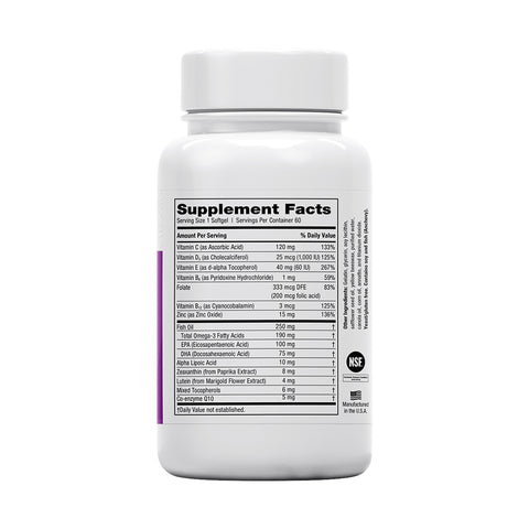 The EyePromise® Restore supplement, with a white bottle and cap, lists ingredients like Vitamin C and B12 on its Supplement Facts label to support macular pigment density and age-related vision health. It features a certification logo and is recommended for aging eyes, night vision, and contrast sensitivity.
