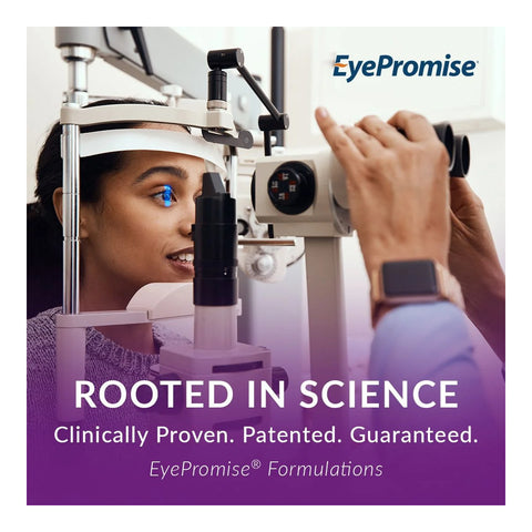 A woman having an eye exam with a slit lamp. The image text reads: EyePromise® Restore – Doctor-Recommended for Aging Eyes, Night Vision & Contrast Sensitivity Support (60ct). Rooted in Science. Clinically Proven. Patented. Guaranteed EyePromise Formulations for age-related vision concerns.