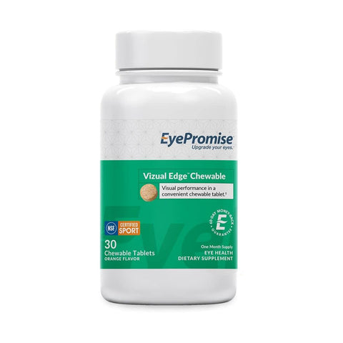 The EyePromise Vizual Edge Chewable Eye Vitamin is a white bottle containing 30 orange-flavored tablets with zeaxanthin, boosting eye health by improving contrast sensitivity and visual performance. It features the NSF Certified Sport logo.