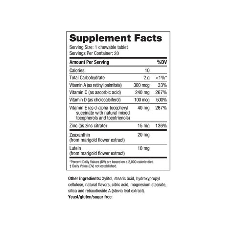 The EyePromise Vizual Edge Chewable Eye Vitamin (30 Tablets) features a facts label listing calories, carbs, vitamins A, C, D, E, zinc, lutein, and zeaxanthin for visual performance. Ingredients: xylitol, stearic acid, natural flavors. Free from yeast, gluten, and sugar.