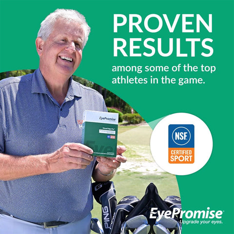 A person holds a box of EyePromise Vizual Edge Chewable Eye Vitamin (30 Tablets) near their golf bag, boosting visual performance with proven results for top athletes. The NSF Certified Sport logo ensures quality, while the EyePromise logo and tagline are displayed at the bottom.