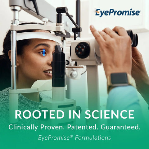 A woman undergoes an eye exam using medical equipment. Text reads: Rooted in Science, Clinically Proven. Patented. Guaranteed for Visual Performance. EyePromise Vizual Edge Chewable Eye Vitamin enhances contrast sensitivity with zeaxanthin. The EyePromise logo is shown at the top.