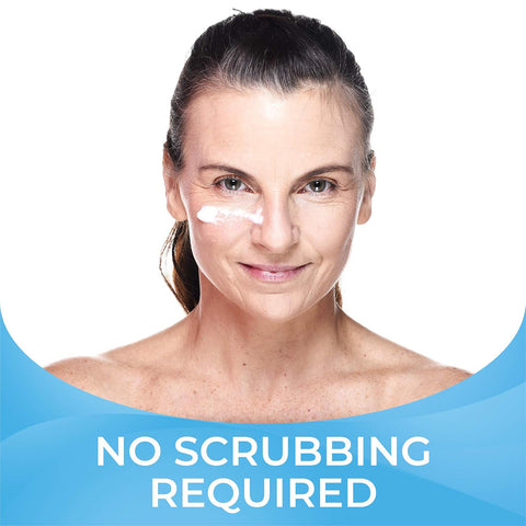 A woman with a small amount of cream under her right eye smiles, promoting eyelid hygiene with Cliradex Light Foam Eyelash & Eyelid Cleanser. NO SCRUBBING REQUIRED appears at the bottom on a blue background. Brand: Cliradex.