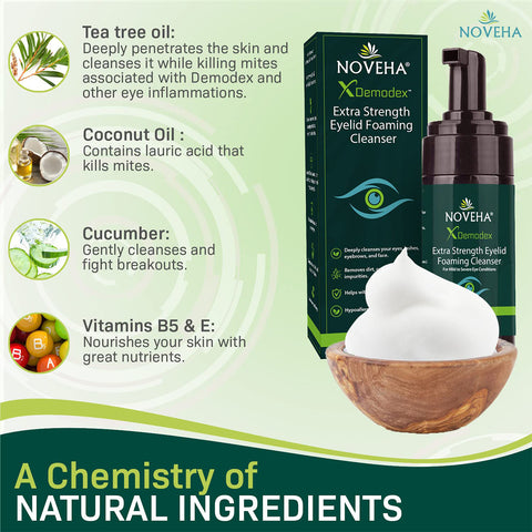 Promotional image for Noveha Demodex Eyelid Cleanser Foam, Extra Strength Tea Tree Oil Formula (100ml), showcasing key ingredients like tea tree oil, coconut oil, cucumber, and vitamins B5 & E. Features product packaging alongside the cleanser in a wooden bowl.