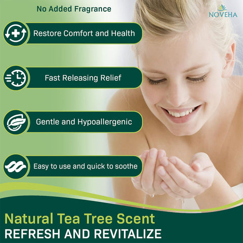 A woman smiles, holding water in her hands. On the left, features of Novehas Demodex Eyelid Cleanser Foam are highlighted: No Added Fragrance, Restores Comfort and Health, Fast Relief with Tea Tree Oil, Gentle and Hypoallergenic, Quickly Soothes Demodex Discomfort.