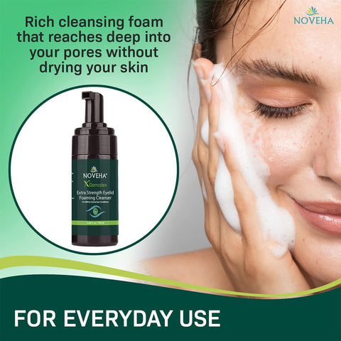 A woman smiles with closed eyes, gently washing her face with foaming cleanser. The product image of Noveha Demodex Eyelid Cleanser Foam (Extra Strength Tea Tree Oil Formula, 100ml) is displayed in a green circle. Text: Rich cleansing foam reaches deep into pores without drying.