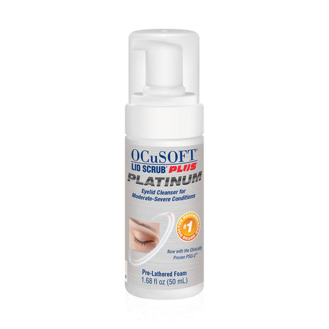 The image shows a white bottle of Ocusoft Lid Scrub Plus Platinum Foam, an effective OCuSOFT eyelid cleanser for blepharitis. It features a pump dispenser for pre-lathered foam, is designed for moderate to severe conditions, and contains 1.68 fl oz (50 ml).