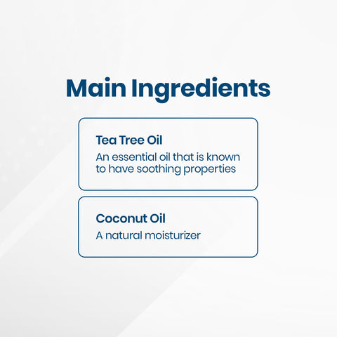 Image with text titled Main Ingredients. Listed ingredients: Tea Tree Oil, known for soothing, used in OCuSOFT Oust Demodex Removal Cleanser Foam (50mL) to relieve eyelid irritation, and Coconut Oil, a natural moisturizer. Brand: OCuSOFT.