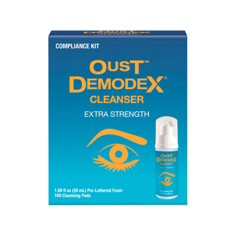 OCuSOFT Oust Demodex Cleanser Foam Compliance Kit includes a 50ml foam and 100 cleansing pads, focused on eyelid and eyelash care, with Tea Tree Oil benefits. The kit features a blue and orange design with the product container image.
