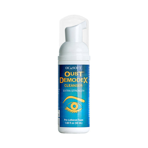 A 1.68 fl oz (50 mL) bottle of OCuSOFT Oust Demodex Cleanser Foam Compliance Kit is infused with Tea Tree Oil. It features a pump dispenser, eye graphic label, and includes 100 pads for effective eyelid and eyelash cleansing. The white bottle has blue and yellow accents with pre-lathered foam inside.