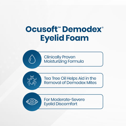 The OCuSOFT Oust Demodex Cleanser Foam Compliance Kit (50ml Foam with 100 pads) features a Clinically Proven Moisturizing Formula, Tea Tree Oil Helps Aid in the Removal of Demodex Mites, and is Ideal for Moderate-Severe Eyelid Discomfort, ensuring thorough eyelid and eyelash care.