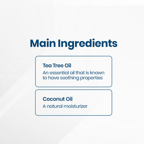 The white background features bold text Main Ingredients with two boxes: Tea Tree Oil: An essential oil known for soothing properties, perfect for OCuSOFT Oust Demodex Cleanser use and Coconut Oil: A natural moisturizer ideal for Eyelid & Eyelash Cleansing with OCuSOFT products.