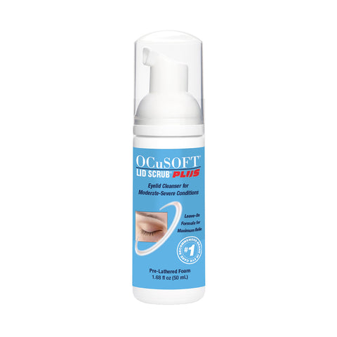 The OCuSOFT Lid Scrub PLUS Foaming Eyelid Cleanser – Extra Strength Formula (50mL) is shown. This cleanser provides blepharitis relief with a pre-lathered foam for moderate to severe conditions and comes in a blue and white bottle with a pump dispenser and an eye image on the label.