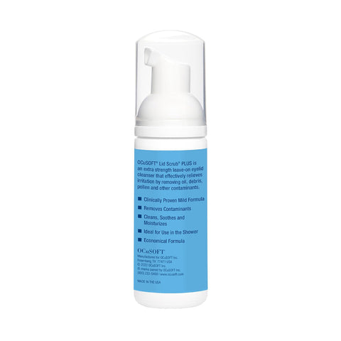 The OCuSOFT Lid Scrub PLUS Foaming Eyelid Cleanser – Extra Strength Formula, a 50mL white and blue bottle with a pump, offers clinically proven blepharitis relief with a gentle formula, ideal for shower use. Proudly made in the USA.