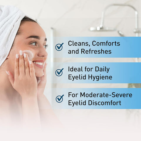 A person with a towel wrapped around their head uses OCuSOFT Lid Scrub PLUS Foaming Eyelid Cleanser. To the right, benefits are highlighted: Cleans, Comforts and Refreshes, Ideal for Daily Eyelid Hygiene, and Perfect for Blepharitis Relief and Moderate-Severe Eyelid Discomfort.
